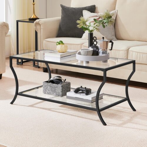 a2 Yaheetech 2-Tier Glass Coffee Table with Storage Shelf - Modern Rectangle Center Table for Living Room, Home, Office - Black