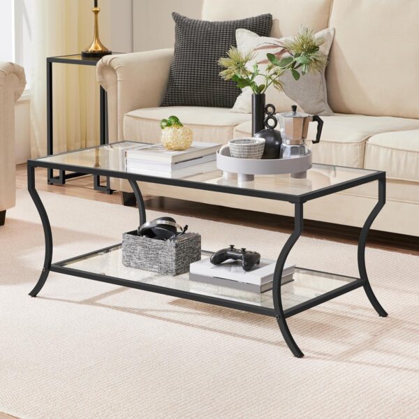 Yaheetech 2-Tier Glass Coffee Table with Storage Shelf - Modern Rectangle Center Table for Living Room, Home, Office - Black 1