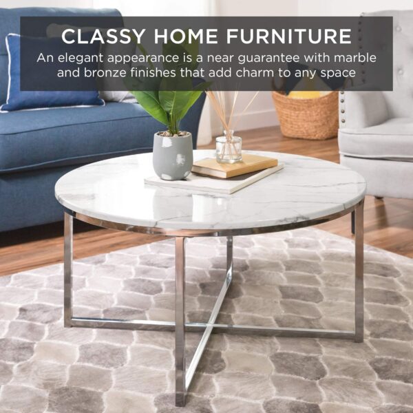 Best Choice Products 36-inch Faux Marble Accent Table - Modern Large End Table for Living Room, Dining Room, Tea, Coffee - White/Chrome Finish with Metal Frame and Foot Caps 2