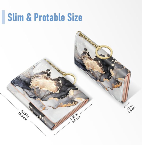 Small Slim RFID Leather Clutch Wallet - 7 Card Slots, ID Window, Keychain - Black Gray Gold Marble Design 3
