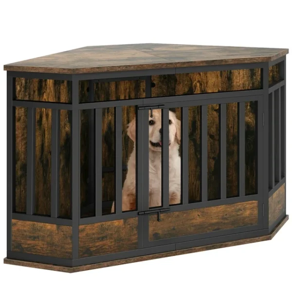 Dextrus Corner Dog Crate Furniture - 43.9 inch Wooden Dog Kennel with Metal Mesh, End Table Design, Indoor Dog Cage, Dog House Pet Crate for Small, Medium, Large Dogs - Brown & Black 2