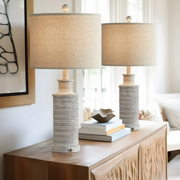 Oneach Set of 2 3-Way Dimmable Table Lamps with USB Ports - 24.5" Vintage Rustic Farmhouse Touch Control Nightstand Bedside Lamps made of Resin (Includes Bulbs) 2