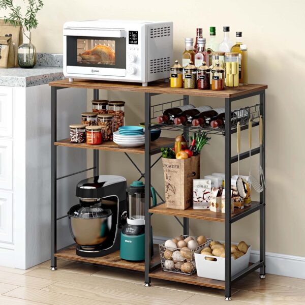 3-Tier Bakers Rack for Kitchen with Storage - Utility Microwave Oven Stand, Industrial Style with Cabinet and Hooks - Vintage Brown 3