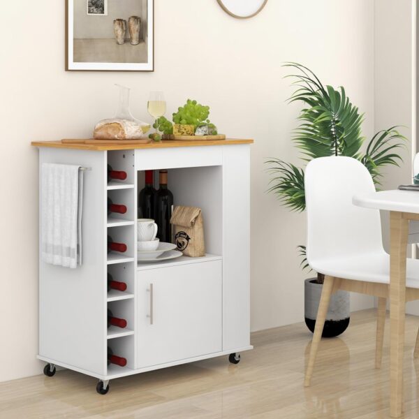 Giantex Kitchen Island - Mobile Kitchen Cart with Storage Cabinet, Bamboo Top, 6-Bottle Wine Rack, 3-Tier Spice Rack, Towel Holder - Rolling Microwave Cart for Dining Room or Coffee Bar, White 3