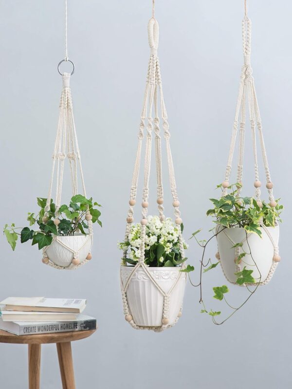 Mkono 3 Pack Macrame Plant Hangers Indoor - Different Size Hanging Planter Baskets Flower Pot Holders with Beads, No Tassels - Medium, Ivory (Sizes: 35"/29"/23") 3