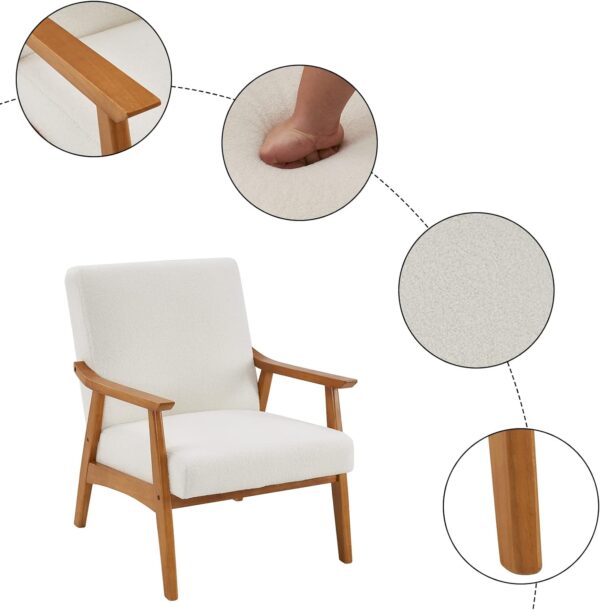 Karl Home Mid-Century Accent Chair - Modern Retro Leisure Chair with Solid Wood Frame, Upholstered in Teddy Fleece Fabric - Single Sofa Armchair for Living Room, Bedroom, Balcony - Creamy-White 3