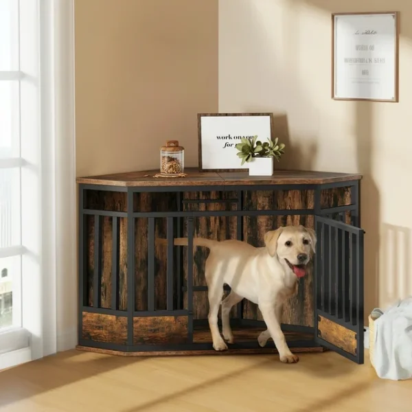 Dextrus Corner Dog Crate Furniture - 43.9 inch Wooden Dog Kennel with Metal Mesh, End Table Design, Indoor Dog Cage, Dog House Pet Crate for Small, Medium, Large Dogs - Brown & Black 3