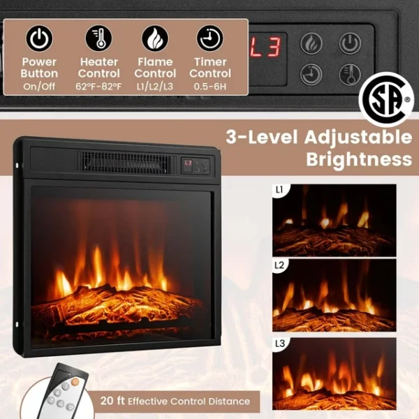 Costway Fireplace TV Stand with LED Lights & 18'' Electric Fireplace - For 65" Wall-Mounted TV - Black 2