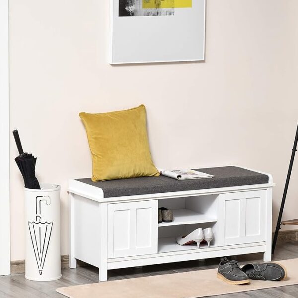 HOMCOM Entryway Shoe Bench Storage Ottoman with Sliding Doors - Adjustable Shelving, 6 Compartments, and Padded Seat - Holds 10 Pairs - White/Gray 3