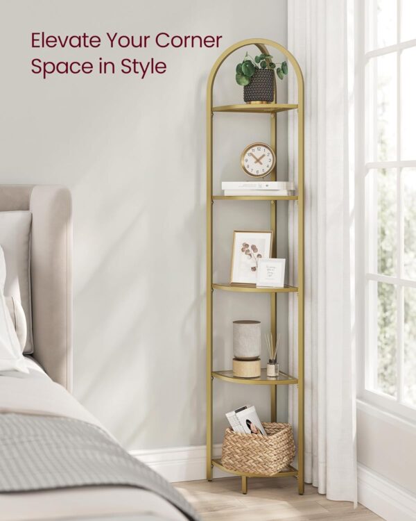 VASAGLE 5-Tier Corner Shelf Stand - Corner Bookshelf, Bathroom Organizer, Plant Stand - Tempered Glass, Steel Frame - Modern Style - Ideal for Living Room, Bathroom, Kitchen - Metallic Gold Finish (Model: ULGT810A01) 2