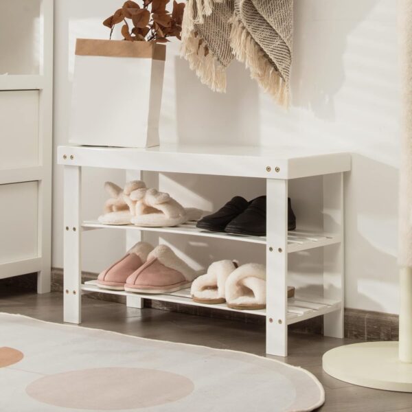 Giantex Entryway Shoe Bench - Bamboo Shoe Shelf Organizer Holds up to 6 Pairs - 3-Tier White Shoe Storage Rack for Heels, Slippers - Ideal for Entry, Living Room, Bathroom (White) 2
