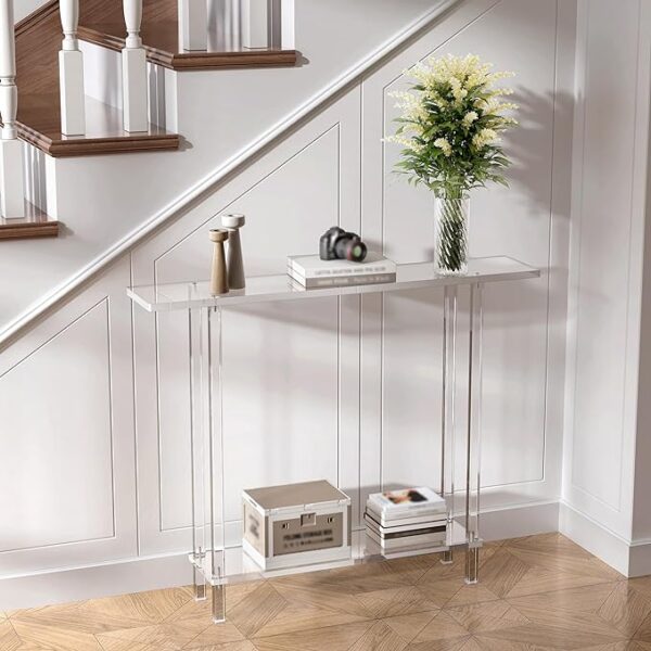 Acrylic Narrow Console Table for Entryway - Dimensions: 7.6" D x 39.4" W x 31.5" H - Square Legs - Skinny Entry Table for Sofa, Foyer, Hallway, Living Room - Modern Design - 2-Tier - Clear 3