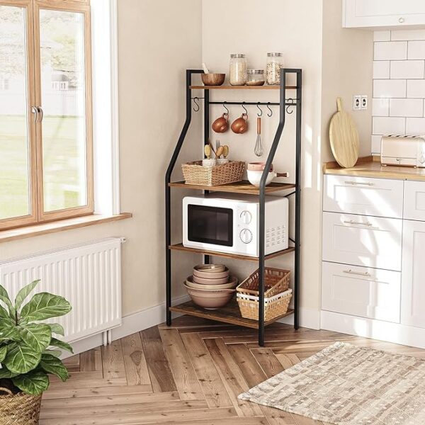 Bakers Rack - 4 Tier Microwave Stand - Coffee Bar Station with 6 Hooks - X-Shaped Back Support - Ideal for Kitchen, Dining Room, Living Room - Rustic Brown Finish (Model: BRHR6001Z) 2