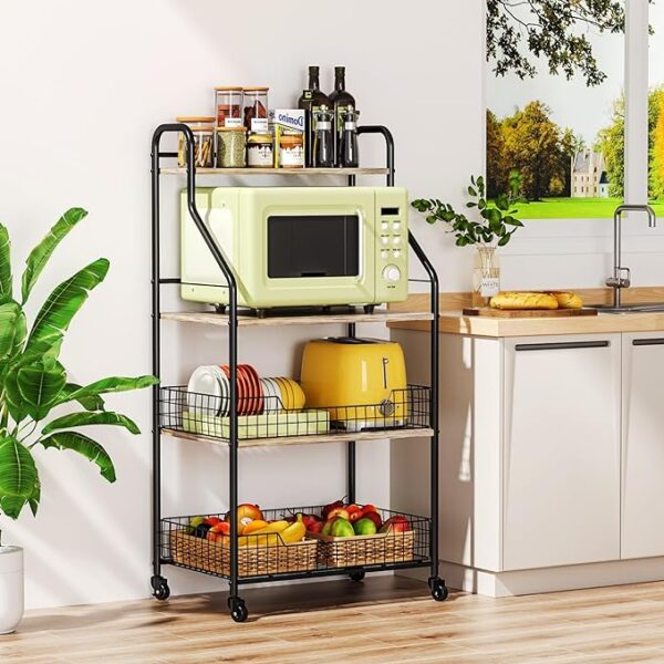 Bakers Racks for Kitchens with Storage - 5 S Hooks - 4 Tier Rolling Microwave Cart Stand - Coffee Bar Table Station with Shelves - Wire Basket - Kitchen Organization Shelf Rack for Fruit, Vegetable, Spice 2
