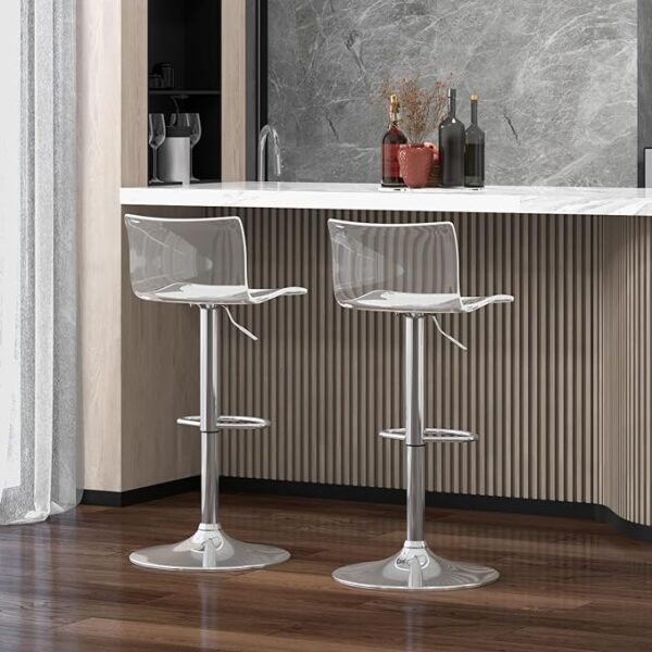 Brage Living Set of 2 Acrylic Bar Stools with Mid Back, Transparent Adjustable Swivel Airlift Barstools, Counter Height Chairs for Kitchen, Dining Room, Pub, or Cafe - Clear 2