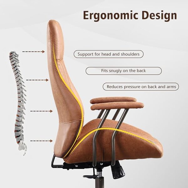 Ovios Office Chair, Mid Century Modern Chair with Lumbar Support, Ergonomic High Back Suede Leather Executive Chair with Swivel Rolling Wheels - Brown 2
