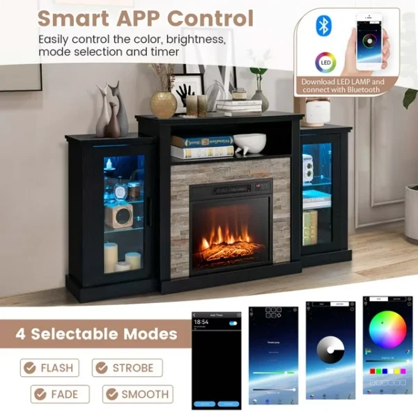 Costway Fireplace TV Stand with LED Lights & 18'' Electric Fireplace - For 65" Wall-Mounted TV - Black 3