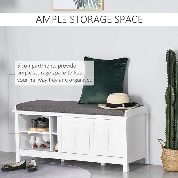HOMCOM Entryway Shoe Bench Storage Ottoman with Sliding Doors - Adjustable Shelving, 6 Compartments, and Padded Seat - Holds 10 Pairs - White/Gray 2