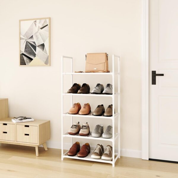Small Shoe Rack - Stackable Shoe Stand Organizer Storage - Narrow Sturdy Shoe Shelf for Closet, Entryway, Hallway - Set of 5 in White 3