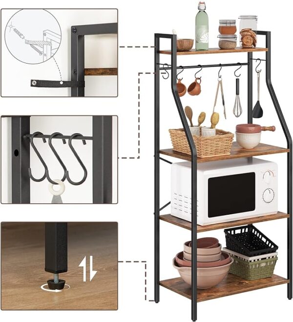 Bakers Rack - 4 Tier Microwave Stand - Coffee Bar Station with 6 Hooks - X-Shaped Back Support - Ideal for Kitchen, Dining Room, Living Room - Rustic Brown Finish (Model: BRHR6001Z) 3