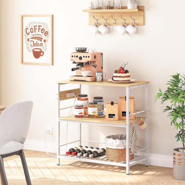Kitchen Island with Storage - Includes Power Outlet, 3-Tier Coffee Station, and Microwave Stand - Ideal for Home, Kitchen, and Dining Room - White and Natural Finish (Model: WN021ZD01) 3