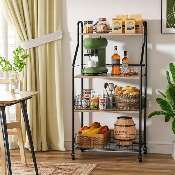 Bakers Racks for Kitchens with Storage - 5 S Hooks - 4 Tier Rolling Microwave Cart Stand - Coffee Bar Table Station with Shelves - Wire Basket - Kitchen Organization Shelf Rack for Fruit, Vegetable, Spice 3