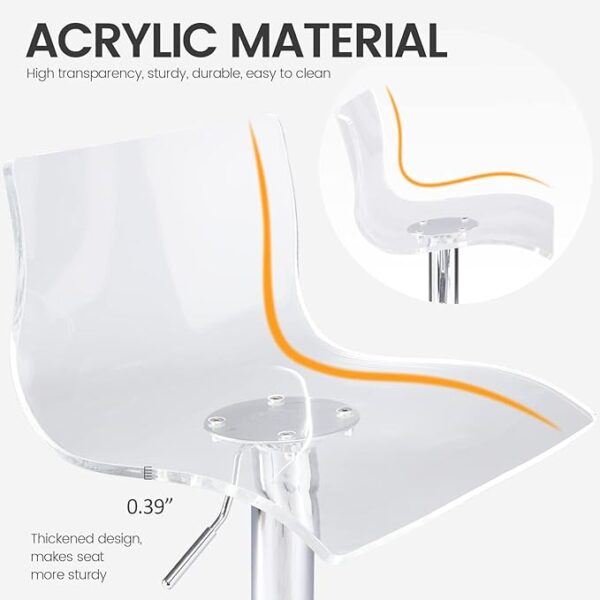 Brage Living Set of 2 Acrylic Bar Stools with Mid Back, Transparent Adjustable Swivel Airlift Barstools, Counter Height Chairs for Kitchen, Dining Room, Pub, or Cafe - Clear 3