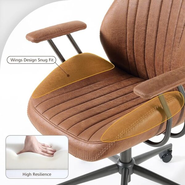 Ovios Office Chair, Mid Century Modern Chair with Lumbar Support, Ergonomic High Back Suede Leather Executive Chair with Swivel Rolling Wheels - Brown 3