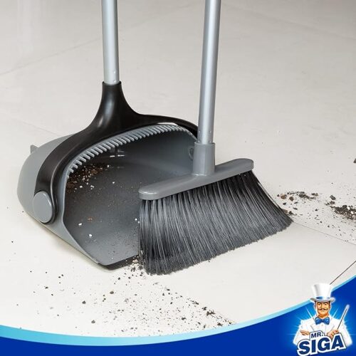 MR.SIGA Broom and Dustpan Set - Adjustable Long Handle, Upright Combo for Floor Cleaning - Ideal for Lobby Use - Gray