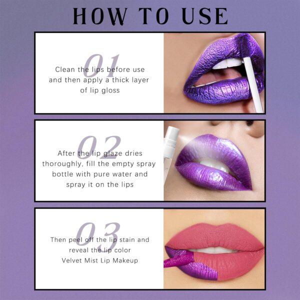 4-Color Peel Off Lip Stain - Tattoo Magic Color Lip Tint in Pink, Red, Nude Matte Shades - Natural Finish Lip Gloss Tear-Off Formula - Waterproof, Long-Lasting, Nonstick Lipstick Makeup Set with 5ML Empty Spray Bottle 5