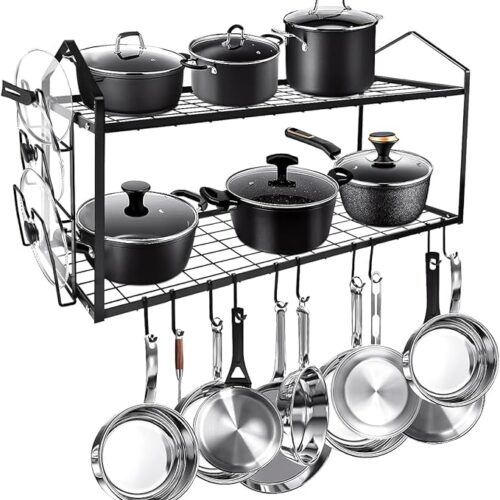 1 LADER 30Inch Wall Mounted Pot and Lid Rack, 2 Tiers Pots and Pans Organizer for Kitchen Organization & Storage, Large Size Black Hanging Pot rack, Wall Shelf with 5 connect Hooks, Lid Rack