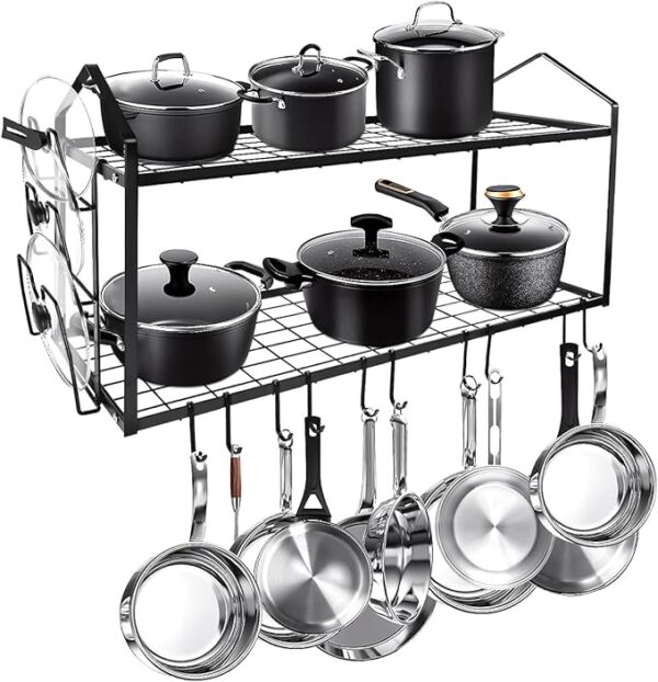 LADER 30Inch Wall Mounted Pot and Lid Rack, 2 Tiers Pots and Pans Organizer for Kitchen Organization & Storage, Large Size Black Hanging Pot rack, Wall Shelf with 5 connect Hooks, Lid Rack 1
