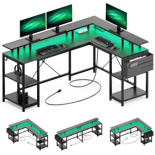 111 GIKPAL 95” L-Shaped Gaming Desk with LED Lights - Black Computer Desk with Power Outlet and Monitor Stand
