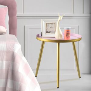 AOJEZOR Night Stands - Small Round End Table for Kids Room, Bedroom - Pink Metal Tray with Gold Legs Base