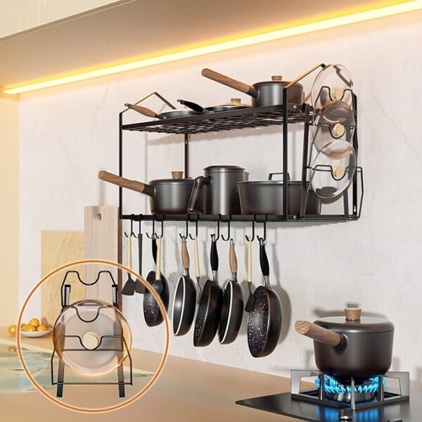 LADER 30Inch Wall Mounted Pot and Lid Rack, 2 Tiers Pots and Pans Organizer for Kitchen Organization & Storage, Large Size Black Hanging Pot rack, Wall Shelf with 5 connect Hooks, Lid Rack 3