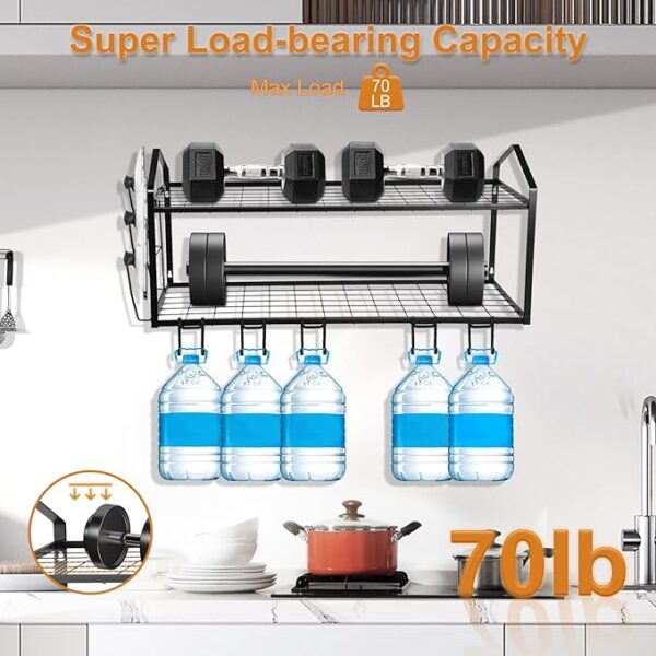 LADER 30Inch Wall Mounted Pot and Lid Rack, 2 Tiers Pots and Pans Organizer for Kitchen Organization & Storage, Large Size Black Hanging Pot rack, Wall Shelf with 5 connect Hooks, Lid Rack 2