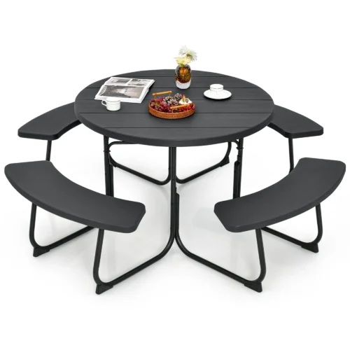 Costway Outdoor 8-person Round Picnic Table Bench Set with 4 Benches & Umbrella Hole - Black