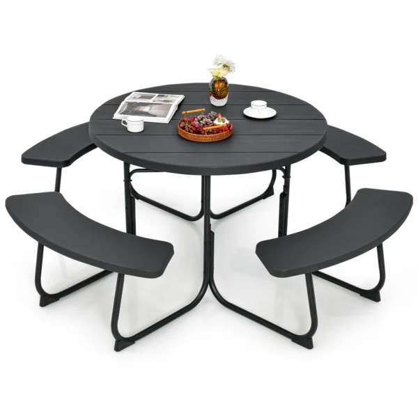 Costway Outdoor 8-person Round Picnic Table Bench Set with 4 Benches & Umbrella Hole - Black 1