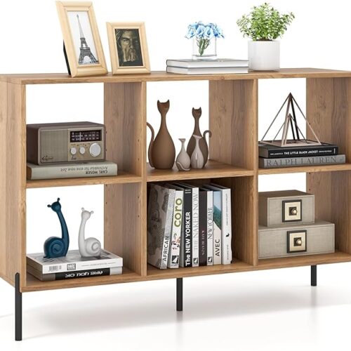 Tangkula 6 Cube Bookshelf - 2-Tier Wood Storage Open Bookcase with Elevated Metal Legs - 5-Position Adjustable Shelf - Anti-Toppling Device - Freestanding Organizer for Home Office (Natural)