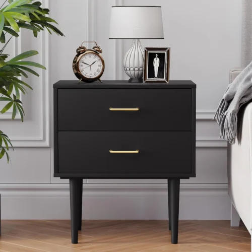 Modern 2-Drawer Nightstand," "Classic Black Bedside Table," "Bedroom," "Sturdy Wood Design," and "Adults
