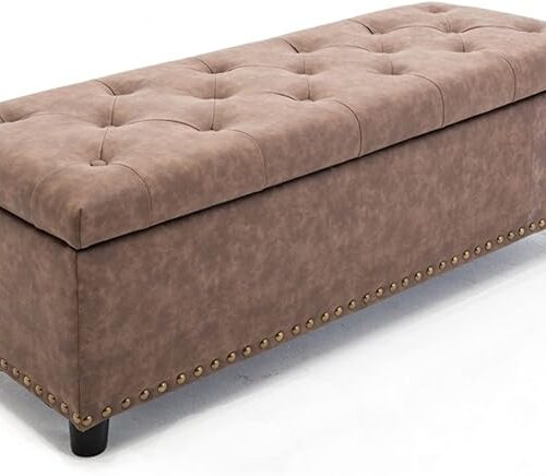 BELLEZE 47-Inch Storage Ottoman, Tufted Faux Leather Storage Bench with Safety Close Hinge, Ottoman with Storage for Living Room, Entryway, Hallway, Foot Rest, Supports 300 lbs - Rustic Brown