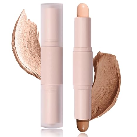 2 Color Dual-Ended Cream Contour Stick - Contour Bronzer Highlight Stick for Velvet Silky Smooth Highlighter Makeup - Waterproof Long-Wear Contour Stick Makeup for Women (Deep)
