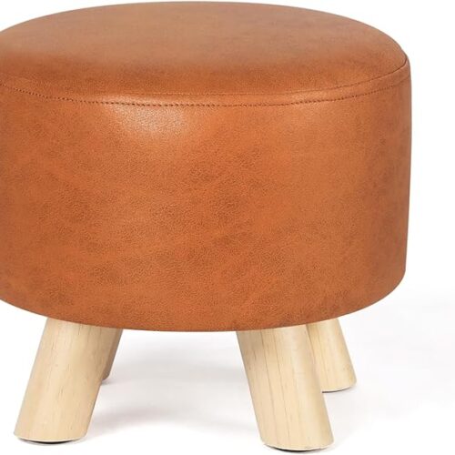 Homebeez Round Ottoman Stool - Camel Faux Leather Foot Rest, Small Footstool with Non-Skid Legs