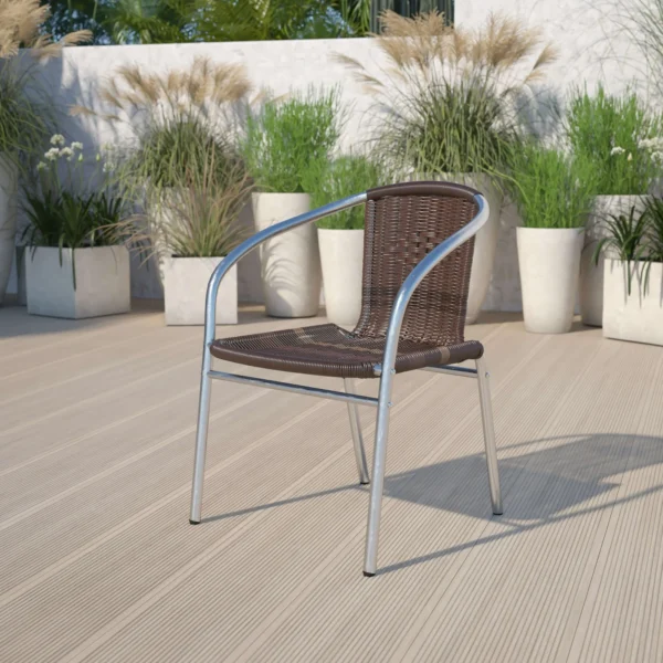 Flash Furniture 4 Pack Commercial Aluminum and Dark Brown Rattan Indoor-Outdoor Restaurant Stack Chair 1
