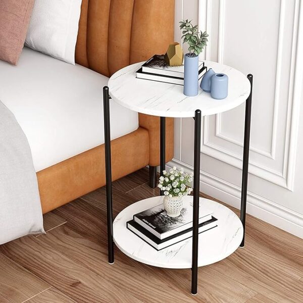 Faux Marble End Table - White Black Side Table - Marble Nightstand for Living Room or Bedroom - Modern Accent Table with Black Metal Frame 1