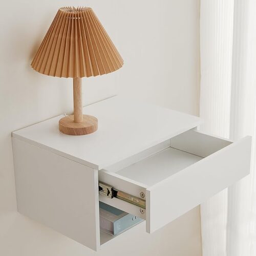 Wall Mounted Floating Night Stand - Wall Mounted Floating Nightstand with Drawer for Dorm & Bedroom - Cute Natural Wood Bedside Shelf & Desk - Storage Table with Soft Close Rails - Shelve for Decor