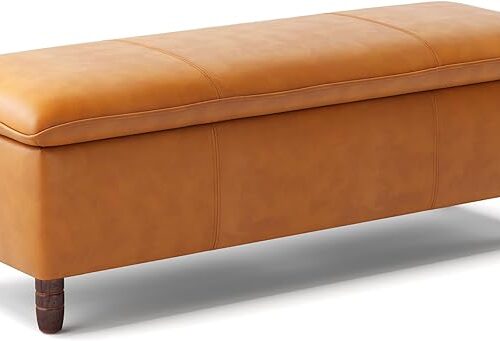 a LUE BONA Storage Ottoman Bench - 49" Brown Faux Leather End of Bed Bench, Modern Upholstered Window Bench with Thicker Seat, Nailhead Trim, Safety Hinge for Bedroom, Living Room - Supports up to 300LB