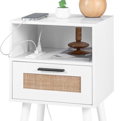 a Labcosi Natural Rattan Nightstand - White Wooden Bedside Tables with Charging Station, Mid Century Modern End Table for Living Room and Bedroom, Side Table with Storage Drawer