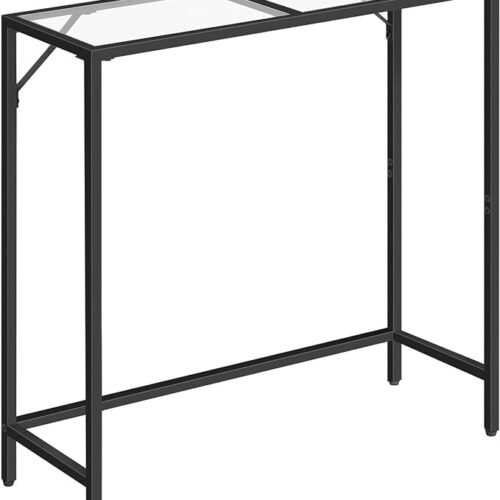 a MAHANCRIS 27" Narrow Console Table, Tempered Glass Entryway Table with Metal Frame, Adjustable Feet, Industrial Style for Entrance, Living Room, Hallway, Balcony - Black CTH68B01