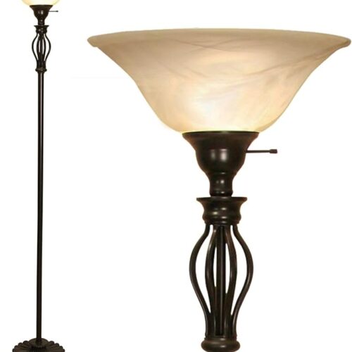 LIGHTACCENTS Bronze Floor Lamp with Alabaster Glass Bowl Shade - Torchiere Floor Lamp, Tall Traditional Iron Scrollwork Lamp for Living Room Decor